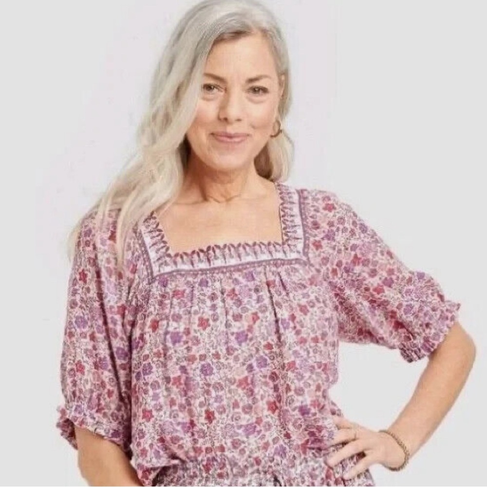 Knox Rose Blouse Red Floral Boho Square Neck Balloon Sleeve Size Medium NWT
